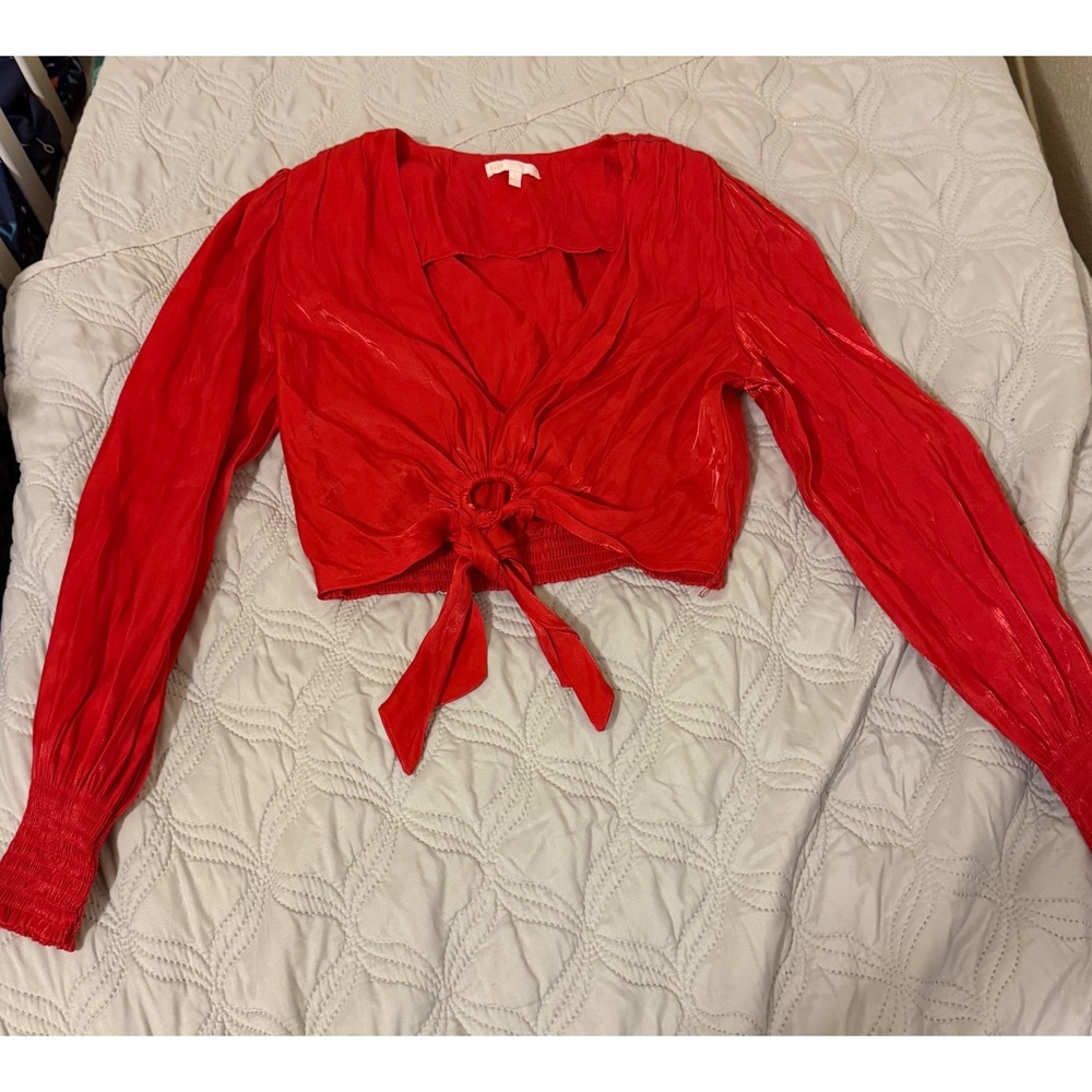 GB Women's Red Metallic Tie Front Crop Top Long Sleeve Blouse Size L